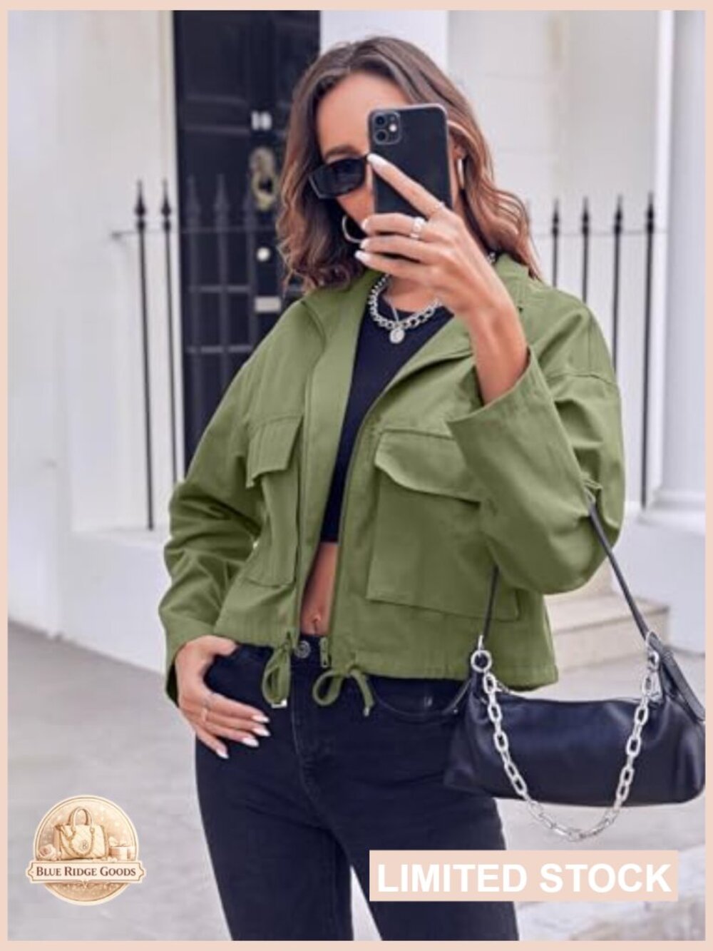 Cropped Utility Jacket Lightweight Military Safari Zip Up Casual Coat - Picture 5 of 5